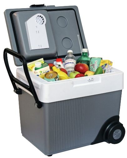 Koolatron W65 Kargo Wheeler 12V Cooler/Warmer with Wheels & Handle, Metalic colour, Capacity 42 - 355 ml (12 oz.) cans 31L (33 qts.), Unique split-lid design promotes energy conservation and accessibility, All the works are in one portion of lid, as is all the venting so the exterior sides of the cooler can be packed tightly against luggage (W-65 W 65)