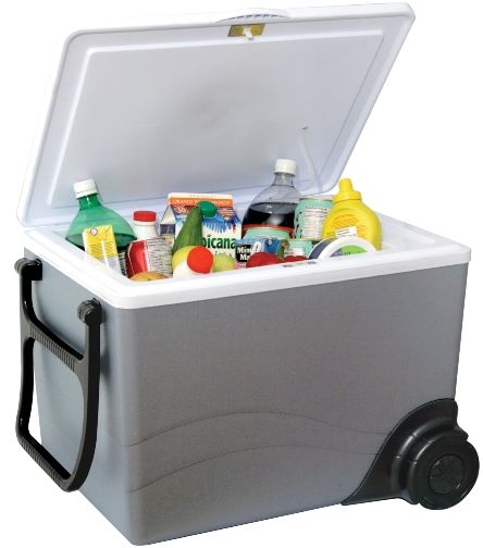 Koolatron W75 Kargo Wheeler 12V Cooler/Warmer with Wheels & Handle, Metalic colour, Capacity 57 - 355ml (12 oz.) cans 34L (36 qts.), Large capacity is ideal for long trips, big families and tailgate parties, Shopping convenience, keeps groceries cold while you workout at the gym or pick-up the kids, Use it horizontally or vertically like a fridge (W-75 W 75)
