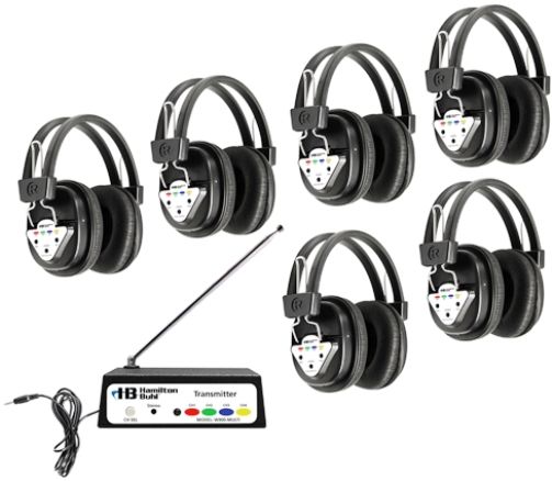 HamiltonBuhl W906-MULTI Wireless Listening Center; Includes (1) W900-Multi Wireless Transmitter and (6) W901-MULTI Multi Channeled Wireless Headphones; Range +/- 300 feet; 4 switchable FM frequencies; Dedicated FM channels; Color-coded frequency switches; AC cord for use with transmitter and headphone charging; UPC 681181510481 (HAMILTONBUHLW906MULTI W906MULTI W906 MULTI)