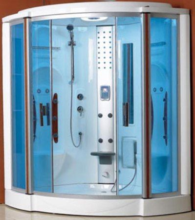 Wasauna WAS-2264 Blue Glass Steam Room Shower, 2-3 Adults Bathroom Shower Capacity, Ceiling rain and handheld Showerheads, 20 adjustable massage jets, Shelves, Soap Dish Storage, 1 HP Water Pump, 3KW Steam Generator, Three shower seats with set of back massage hydojets (WAS 2264 WAS2264 WAS-2264)
