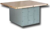 Shain WB12-OV Steel Workbench without Vises; Gray base consists of a double-faced, heavy-gauge steel unit, welded and riveted throughout; The unit provides 12 locker openings which measure 12" x 21" x 15"; Vented doors have spring loaded hinges, padlock hasp, and knockout plug for cylinder locks; Top is constructed of 2.25" maple; UPC 844246010924 (SHAINWB12OV SHAIN WB12OV WB12 OV WB 12 OV WB12 20 SHAIN-WB12OV WB12-OV WB-12-OV)  