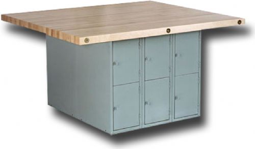 Shain WB12-OV Steel Workbench without Vises; Gray base consists of a double-faced, heavy-gauge steel unit, welded and riveted throughout; The unit provides 12 locker openings which measure 12