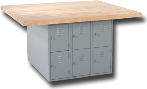 Shain WB12-4V Steel Workbench with 4 Vises; Gray base consists of a double-faced, heavy-gauge steel unit, welded and riveted throughout; The unit provides 12 locker openings which measure 12