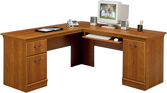 Bush WC01711 Citizen Collection L Desk, Medium Superb Oak Finish, File drawer holds letter files, Concealed vertical CPU storage with rear wire access and concealment (WC 01711 WC-01711 01711)