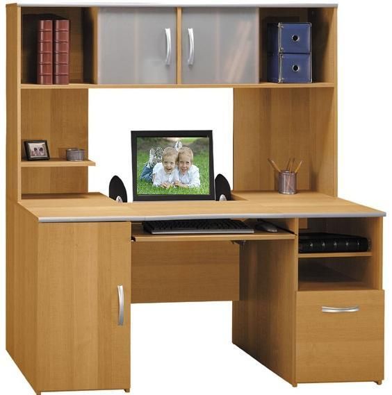 Bush Furniture WC02406-03 Planked Maple - Metallic Silver Office Revolution Desk & Hutch Sliding tempered glass door conceals either side of unit (WC02406 03 WC0240603) 