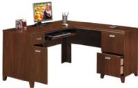 Bush WC21430-03 L-Desk, Tuxedo Collection, Hansen Cherry Finish, Left pedestal has concealed CPU storage with wire access and box drawer, Utility drawer accommodates small office supplies, Right pedestal has one letter-size file drawer and one storage cabinet, Replaced WC21430 (WC2143003 WC21430 03 WC 21430 WC-21430 WC21430) 