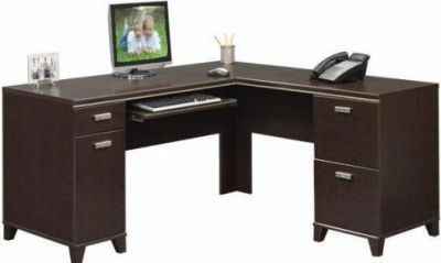 Bush WC21830 L-Desk Mocha Cherry finish, Tuxedo Collection L-Desk with CPU Compartment, wire access, box drawer and retracting keyboard, May be configured with WC21831 Hutch and WC21854 Lateral File, holds letter or legal-size files, and resists tipping (WC21830 L Desk LDesk 21830 Desk Tuxedo Desk)