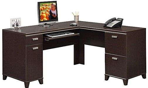 Bush WC21830-03 L-Desk, Tuxedo Collection, Mocha Cherry Finish, Left pedestal has concealed CPU storage with wire access and box drawer, Utility drawer accommodates small office supplies, Right pedestal has one letter-size file drawer and one storage cabinet, Replaced WC21830 (WC2183003 WC-21830-03 WC-21830)
