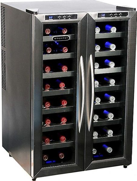 Whynter WC-321DD Dual Zone Wine Cooler, 32 Bottle Capacity, 2 Number of Doors, 16 Number of Shelves, 2 Number of Temperature Zones, 20.67