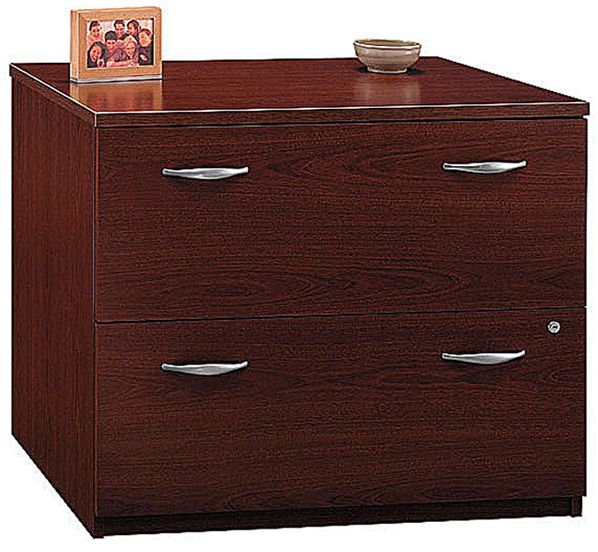 Bush WC36754SU Lateral File-assembled, Mahogany, Two drawers hold letter, legal or A4-size files, Interlocking drawers reduce likelihood of tipping, Full-extension, ball bearing slides, Levelers provide stability on uneven floors, Durable melamine surface resists scratches and stains, 29.84