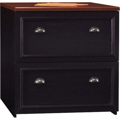 Bush WC53981-03 Fairview Lateral File, File drawers hold letter or legal sized files, Full-extension ball bearing slides on the drawers, Does not contain an anti-tip mechanism, Height matches the L-Desk for side by side use, Antique black finish with Hansen cherry top, Replaced WC53981 (WC53981 03 WC5398103 WC53981 WC-53981 WC 53981)