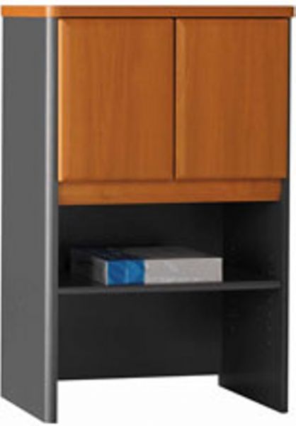 Bush WC57425 Series A Natural Cherry Storage Cabinet Hutch, European-style, adjustable hinges, Upper area is concealed by 2 doors, Wire management for storing printers and fax machines, Natural cherry finish with slate gray highlights, 36.50