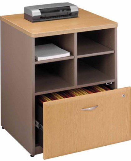 Bush WC64323 Series A Light Oak Storage Cabinet, Wire management for printers and fax machines, Durable PVC edge banding stands up to bumps and collisions, 4 cubbies for storage, Lockable file drawer for extra security, Lateral file drawer holds letter, legal or A4 files, Sturdy 1