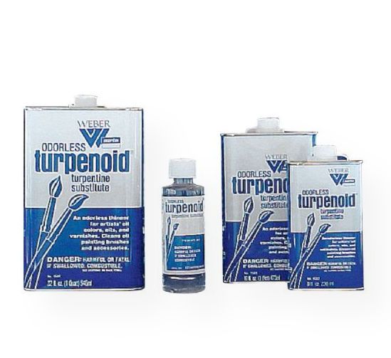 Weber W1683 Odorless Turpenoid 16 oz; An odorless, colorless, very volatile, thin turpentine substitute; Turpenoid has the same painting properties and drying time as turpentine but is free of the strong characteristic turpentine odor; Compatible with oil colors as a painting vehicle, either alone or in mediums; Also excellent as a solvent or paintbrush cleaner, and for use in removing paint spots from clothing; UPC 018918016839 (WEBERW1683 WEBER-W1683 ODORLESS-TURPENOID-W1683 ARTWORK)