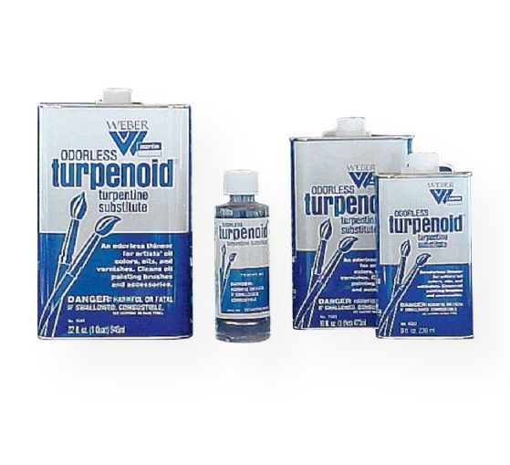 Weber W1684 Odorless Turpenoid 32 oz; An odorless, colorless, very volatile, thin turpentine substitute; Turpenoid has the same painting properties and drying time as turpentine but is free of the strong characteristic turpentine odor; Compatible with oil colors as a painting vehicle, either alone or in mediums; Also excellent as a solvent or paintbrush cleaner, and for use in removing paint spots from clothing; UPC 018918016846 (WEBERW1684 WEBER-W1684 ODORLESS-TURPENOID-W1684 PAINTING SOLVENTS)