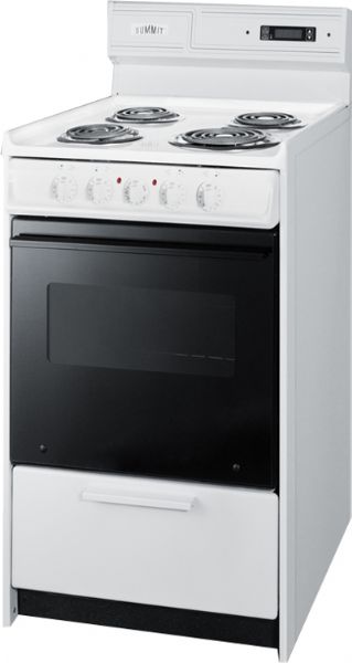 Summit WEM130DK Electric Range, 20 inches, white 220v with clock timer and black glass see-thru door, Finished black, Chrome handle, Black glass see through door, Porcelain top, Porcelain oven, Porcelain oven and broiler door, Finished black, Chrome handleDrop down door/ storage beneath oven, Porcelain broiler tray with grease well cover, Oven window with light (WEM-130-DK WEM-130DK WEM-130)