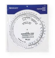 Westcott PS80 C-Thru 8" Proportional Scale; Provides a number of times of reduction, as well as percentage of enlargement or reduction for photos, artwork, and layouts; Fractions are printed below the inch in a second color; Consists of two circular laminated white vinyl discs; Shipping Weight 0.13 lb; Shipping Dimensions 9.75 x 8.75 x 0.5 in; UPC 088359006676 (WESTCOTTPS80 WESTCOTT-PS80 C-THRU-PS80 ARTWORK PHOTOGRAPHY) 
