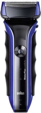 Braun WF1SBL WaterFlex Men's Rechargeable Shaver, Blue, Precision Trimmer, OptiBlade, Wet & Dry Technology, Contour Adaptive Swivel Head, Triple Action Cutting System, Waterproof up to 5m for full washability, LED display for battery status, Up to 45 minutes cordless shaving, Powerful rechargeable Li-lon battery, Full recharge in one hour, Hard travel case, UPC 069055869505 (WF1S-BL WF1S BL WF-1SBL)