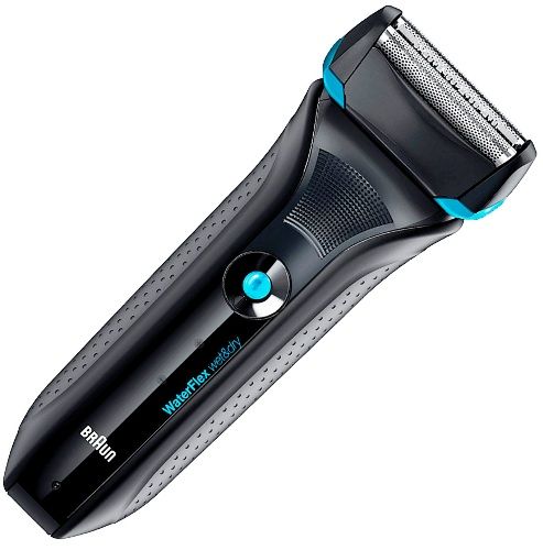 Braun WF2SBK WaterFlex Wet and Dry Shaver, Black; Wet & Dry use with foam or even in the shower; Long hair trimmer for sideburns, moustache & beard; Oscillating head adaptable to the contours, Head rotates 33, Adapts to your contours; 2-stage LED display showing the status of the battery; Full charge in 1hr only with 45min cordless shaving; UPC 069055869727 (WF2S-BK WF2S)