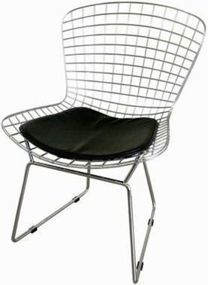 Wholesale Interiors 8320 Bertoia Style Wire Side Chair, Durable black leatherette upholstered seat pad, Non-slip protectors on legs keeps the chair from slipping across the floor, Classic yet modern addition to your home decor, 16