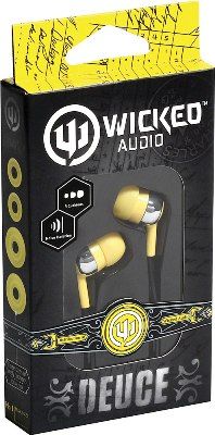 Wicked Audio WI1809 Deuce Earbuds, Yellow, 10mm Drivers, Noise Isolation, Frequency 20Hz - 20kHz, Impedance 16 Ohms, Sensitivity 103dB, 3 Sizes of Cushions, 4ft./1.2m Cord Lenght, UPC 712949006301 (WI-1809 WI 1809)