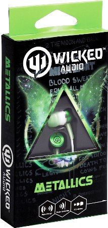 Wicked Audio WI1902 Metallics Earbuds, Green, 10mm Drivers, Noise Isolation, Frequency 20Hz - 20kHz, Impedance 16 Ohms, Sensitivity 102dB, 3 Different Sizes of Cushions (Small, Medium & Large), 4ft/1.2m Cord Length with Gold Plated Plug, UPC 712949005427 (WI-1902 WI 1902)