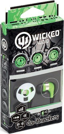 Wicked Audio WI2101 JawBreakers Earbuds, Green, Enhanced Bass, 10mm Drivers, Noise Isolation, Earphone Depth 15mm, Sensitivity 103dB/mW, Frequency 20Hz - 20kHz, Impedance 16 Ohms, Wide range, 3 Cushions, old plated 3.5mm plug, 1.2m Cord Length, UPC 712949005151 (WI-2101 WI 2101)
