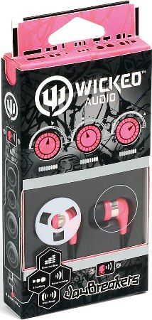 Wicked Audio WI2102 JawBreakers Earbuds, Pink, Enhanced Bass, 10mm Drivers, Noise Isolation, Earphone Depth 15mm, Sensitivity 103dB/mW, Frequency 20Hz - 20kHz, Impedance 16 Ohms, Wide range, 3 Cushions, old plated 3.5mm plug, 1.2m Cord Length, UPC 712949005168 (WI-2102 WI 2102)