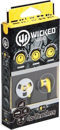 Wicked Audio WI2104 JawBreakers Earbuds, Yellow, Enhanced Bass, 10mm Drivers, Noise Isolation, Earphone Depth 15mm, Sensitivity 103dB/mW, Frequency 20Hz - 20kHz, Impedance 16 Ohms, Wide range, 3 Cushions, old plated 3.5mm plug, 1.2m Cord Length, UPC 712949006721 (WI-2104 WI 2104)
