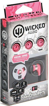 Wicked Audio WI2152 JawBreakers Earbuds with Microphone, Pink, Enhanced Bass, 10mm Drivers, Noise Isolation, Earphone Depth 15mm, Sensitivity 103dB/mW, Frequency 20Hz - 20kHz, Impedance 16 Ohms, Wide range, 3 Cushions, old plated 3.5mm plug, 1.2m Cord Length, UPC 712949005953 (WI-2152 WI 2152)