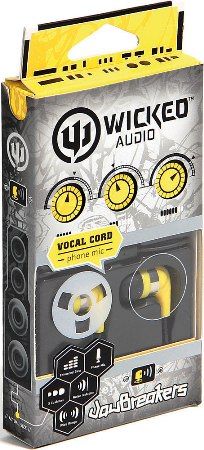 Wicked Audio WI2154 JawBreakers Earbuds with Microphone, Yellow, Enhanced Bass, 10mm Drivers, Noise Isolation, Earphone Depth 15mm, Sensitivity 103dB/mW, Frequency 20Hz - 20kHz, Impedance 16 Ohms, Wide range, 3 Cushions, old plated 3.5mm plug, 1.2m Cord Length, UPC 712949006158 (WI-2154 WI 2154)