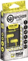 Wicked Audio WI2257 "Mojo" Earbuds with Mic, Yellow, 10mm Driver, Sensitivity 106 dB, Impedance 16 Ohms, Frequency 20Hz-20000Hz, Gold-Plated Plug Material, Enhanced Bass, Noise Isolation, Wide Range, 3 Different Sizes of Cushions (Small, Medium & Large), 4ft/1.2m Cord Length, UPC 712949006899 (WI-2257 WI 2257) 