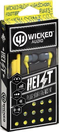 Wicked Audio WI-2402 Heist Ear Buds with Extra Jack, Slate/Yellow, 10 mm Driver, 16 Ohms Impedance, 103 dB Sensitvity, 20-20000 Hz Frequency, 4 ft/1.2m Cord Length, Gold-Plated Plug Material, Enhanced Bass, Noise Isolation, 3 Cushions, Sharing, UPC 712949006486 (WI2402 WI 2402)