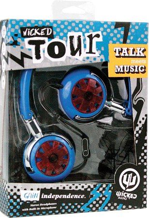 Wicked Audio WI8150 Tour Foldable Headphones with Microphone, Blue, 40mm Driver, Frequency 20Hz - 20kHz, Impedance 32 ohms, Sensitivity 107dB, High Fidelity, Enhanced Bass, Talk With Music, Answer/Hang-Up Button, Gold-Plated Plug, 4ft. Cord Length, UPC 712949005977 (WI-8150 WI 8150)