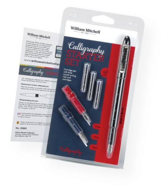 William Mitchell WM35903 Calligraphy Starter Set; Smooth writing nibs in 1.2mm, 1.4mm, and 1.8mm are ideal for popular writing styles such as italic, round, uncial, etc; Also comes with a pen holder and three black ink cartridges; Shipping Weight 0.11 lb; Shipping Dimensions 0.79 x 4.53 x 8.27 in; EAN 5060332850143 (WILLIAMMITCHELLWM35903 WILLIAMMITCHELL-WM35903 CALLIGRAPHY PEN)
