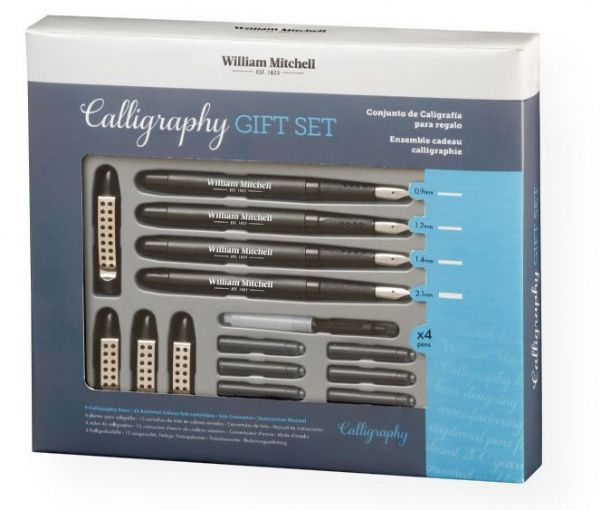 William Mitchell WM35905 Calligraphy Gift Set; Each set contains 4 calligraphy pens, 12 assorted color ink cartridges, an ink converter, and an instruction manual; Ultra smooth, German-made nibs; Uses standard European ink cartridges; Shipping Weight 0.21 lb; Shipping Dimensions 1.38 x 8.46 x 8.27 in; EAN 5060332850235 (WILLIAMMITCHELLWM35905 WILLIAMMITCHELL-WM35905 CALLIGRAPHY OFFICE)