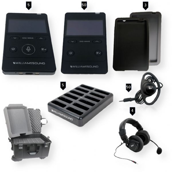 Williams AV DWS INT 5 400 RCH Digi-Wave 400 Interpretation System for 4 Languages Plus Floor (Rechargeable Version); (5) DLT 400 Transceiver, (50) DLR 400 RCH Receivers, (4) MIC 158 Headset Microphones, (50) EAR 022 Surround Earphones, (5) CHG 412 12-bay Charger, CCS 054 Carry Case, (1) CCS 061 Black Silicone Skin and (4) CCS 061 GR Grey Silicone Skin; Dimensions 26.2