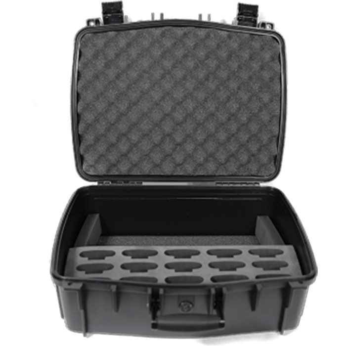 Williams Sound CCS 056 S Carry Case with 15 Slots; Large Water resistant carry case; Includes CCS 056 case and FMP 057 foam insert; Durable Plastic Shell; 15-Slot Foam Interior; Holds PPA T46 Transmitter, FM, IR; Holds Loop Body-Pack Receivers; Dimensions: 16.7