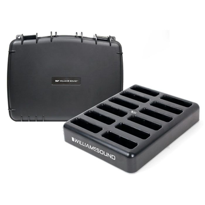 Williams Sounds CHG 412 Pro DigiWave 12-Bay Charger for Digi-Wave DLT 400 and DLR 400 RCH, Power Supply Included; 12-bay, drop-in charger for use with the Digi-Wave DLT 400 and DLR 400 RCH; Enclosed in black ABS plastic; Powered by an external universal power supply via a DC barrel connector; Carry case shall be Williams Sound model CHG 412 PRO (WILLIAMSSOUNDCHG412PRO WILLIAMS SOUND CHG 412 PRO ACCESSORIES CHARGERS POWER SUPPLY CASE)
