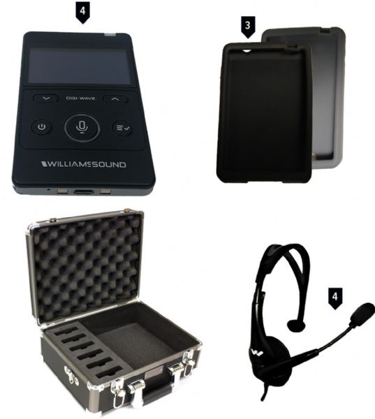 Williams Sound DWS COM 4 400 Digi-Wave 400 Series Wireless Intercom System For Up to four participants, DLT 400 Comes With Internal Rechargeable Battery; Includes (4) DLT 400 transceivers, (4) MIC 144 headset microphones, (1) CCS 029 DW system carry case, (1) CCS 061 GR grey silicone skin and (3) CCS 061 BK black silicone skins (DWSCOM4-400 WSDWS-COM4-400 DWS COM4-400 DIGIWAVE-DWS-COM4400 WILLIAMSSOUNDDWSCOM4400)