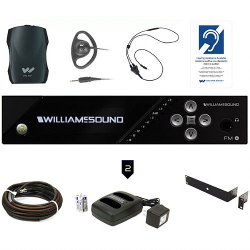 Williams Sound FM 557 PRO FM Plus Large-Area Dual FM And Wi-Fi Assistive Listening System With 4 FM R37 Receivers, System includes, 1 Transmitter, 4 Receivers, 4 Surround Earphones, 2 Neckloops, 2 Two-Bay Chargers And Rechargeable Batteries, 1 Remote Coaxial Antenna, 1 ADA Wall Plaque, 1 Rack Panel Kit, Replaces FM 457 PRO; Professional audio inputs: 0.25