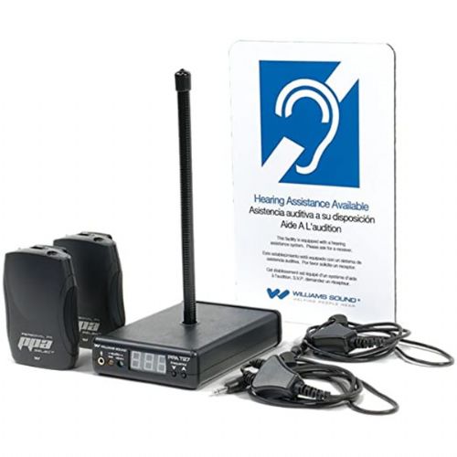 Williams Sound FM ADA KIT 1 FM ADA Compliance Kit For One Presenter And Up To 2 Listeners, Includes, 1 Transmitter, 2 Receivers, 2 Single Mini Earbuds, 2 Neckloops, 2 AA Alkaline Batteries, 1 Antenna, 1 ADA Wall Plaque, 1 Power Supply; Range of up to 1000 feet; Meets new 2010 ADA accessibility guidelines; Dimensions: 15