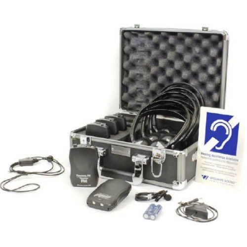 Williams Sound FM ADA KIT 37 FM ADA compliance kit for one presenter and up to four listeners, Includes, 1 Transmitter, 4 Receivers, 1 Mini Lapel Clip Microphone, 1 Conference Microphone, 4 Headphones, 2 Neckloop, 5 AA Alkaline Batteries, 1 ADA Wall plaque, 1 System Carry Case; Simple set-up and operation; T46 transmitter; 150' operating range; 100 hours receiver battery life (WILLIAMSSOUNDFMADAKIT37 WILLIAMS SOUND FM ADA KIT 37 ADA COMPLIANCE KIT)