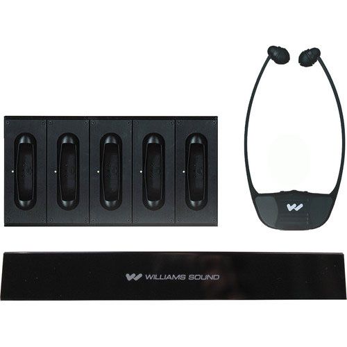 Williams Sound IR SY4 SoundPlus Medium-Area Wireless Infrared System with 5 Stethoset Receivers; 2 Euroblock line inputs accept balanced or unbalanced signal; 3.5mm microphone input with channel selector and dedicated gain knob; Power and audio indicators on transmitter, charging indicators on charger; Power-saving mode automatically shuts off the carrier after 12 minutes without audio (WILLIAMSSOUNDIRSY4 WILLIAMS SOUND IR SY4 SOUNDPLUS MEDIUM-AREA INFRARED SYSTEM)
