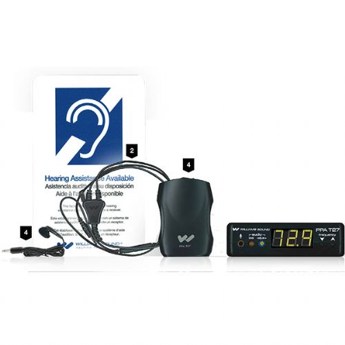 Williams Sound PPA VP 37 Large-Area, Portable FM Assistive Listening System, Includes, 1 Transmitter, 4 Receivers, 4 Single Mini Earbuds, 2 Neckloops, 4 AA Alkaline Batteries, 1 Antenna, 1 ADA Wall Plaque, 1 Power Supply, 1 Power Cable; PPA T27 transmitter; Up to 1000' operating range; Transmitter is FCC Part 15 compliant; Great for portable use; UPC 632709971277 (WILLIAMSSOUNDPPAVP37 WILLIAMS SOUND PPA VP 37 PERSONAL PA VALUE PACK SYSTEM)