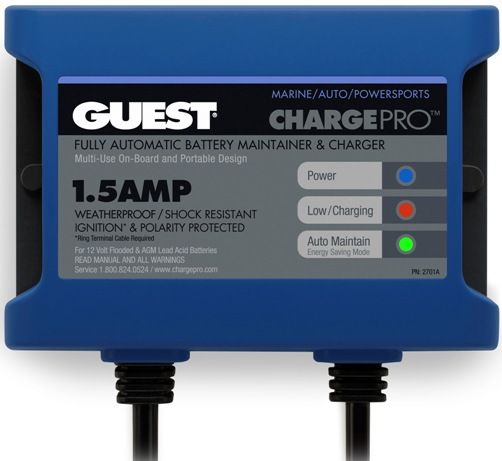 Winco Generators 72036-022 Model Guest 2701A ChargerPro 1.5 Amp Battery Charger; IP67 Waterproof, Shock Resistant, On-Board Marine Battery Charger; Energy Saving Mode Automatically Shuts Off The Charger When The Battery Is Fully Charges; Built In Safety Includes Short Circuit, Over Voltage, Over Current, And Reverse Polarity (WINCO72036022 72036022 72036 022)