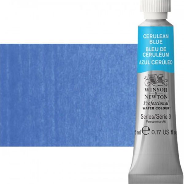 Winsor & Newton 0102137 Artists' Watercolor 5ml Cerulean Blue; Made individually to the highest standards; Pans are often used by beginners because they can be less inhibiting and easier to control the strength of color; Tubes are more popular for those who use high volumes of color or stronger washes of color; Maximum color strength offers greater tinting possibilities; Dimensions 0.51