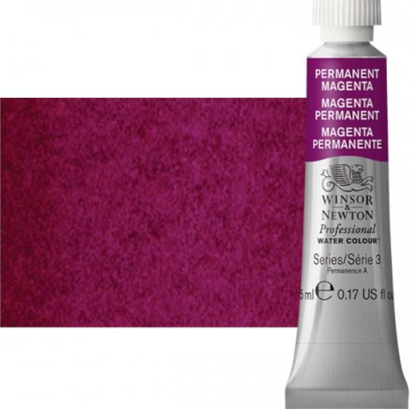Winsor & Newton 0102489 Artists' Watercolor 5ml Permanent Magenta; Made individually to the highest standards; Pans are often used by beginners because they can be less inhibiting and easier to control the strength of color; Tubes are more popular for those who use high volumes of color or stronger washes of color; Maximum color offers greater tinting possibilities; Dimensions 0.51