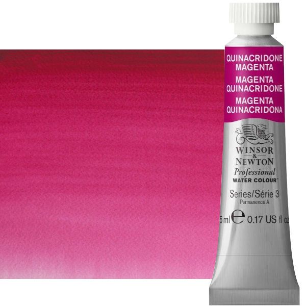 Winsor & Newton 0102545 Artists' Watercolor 5ml Quinacridone Magenta; Made individually to the highest standards; Pans are often used by beginners because they can be less inhibiting and easier to control the strength of color; Tubes are more popular for those who use high volumes of color or stronger washes of color; Maximum color offers greater tinting possibilities; Dimensions 0.51