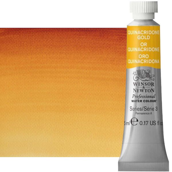 Winsor & Newton 0102547 Artists' Watercolor 5ml Quinacridone Gold; Made individually to the highest standards; Pans are often used by beginners because they can be less inhibiting and easier to control the strength of color; Tubes are more popular for those who use high volumes of color or stronger washes of color; Maximum color offers greater tinting possibilities; Dimensions 0.51